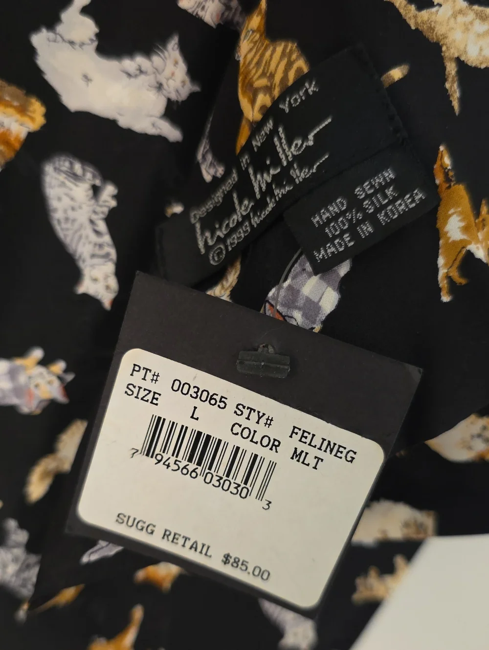 100% Silk Nicole Miller Black Scarf with Gold and Cream Cat Motif